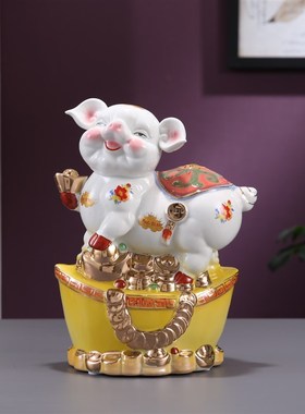 陶瓷描金猪存钱罐招财创意生肖礼物中式客厅电视柜桌面摆放装饰品