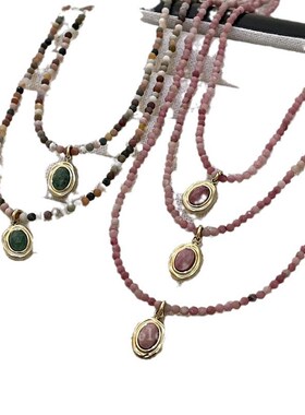 胭脂粉极细切面天然石串珠项链女小众设计复古轻奢锁骨链春夏新款