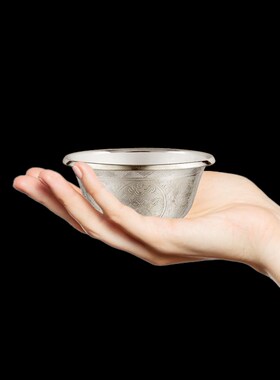 99纯银供水碗手工雕刻八吉祥藏式摆件净水杯佛前贡碗供水杯大小号