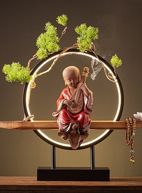 陶瓷小和尚创意摆件灯圈禅意人物小沙弥客厅玄关办公桌茶桌装饰品