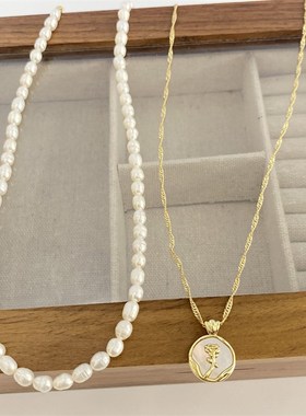 玫瑰花项链女新款高级感设计小众毛衣链秋冬新款珍珠双层叠戴项链