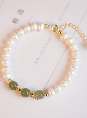 天然淡水珍珠手链天然三颗和田青玉手饰女生小众设计感闺蜜送礼物