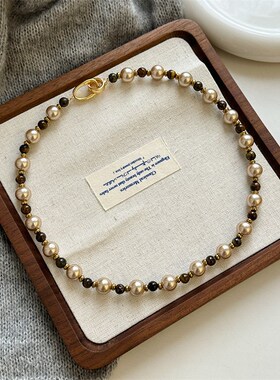 美拉德虎眼石珍珠项链女 新款高级感颈链 轻奢小众复古秋冬毛衣链