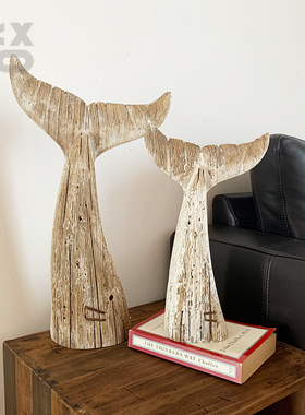 YBOX实木复古手工鱼尾巴摆件民宿样板房装饰鲸鱼尾巴工艺品摆件