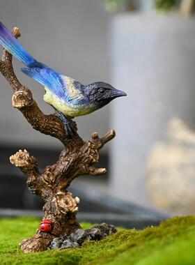 创意可爱小鸟摆件花园盆景假山造景摆设彷真翠鸟叶莺鸟树脂装饰品