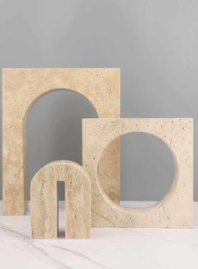 侘寂风几何天然大理石黄洞石摆件客厅电视柜壁龛样板间家居装饰品