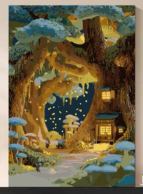 跨境DIY数字油画唯美奇幻的森林风景手工填色丙烯客厅油彩画