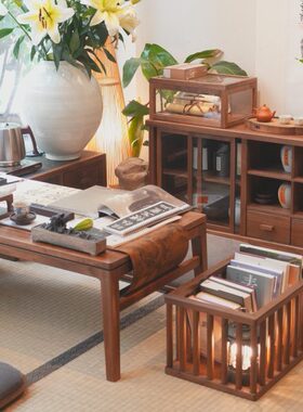 黑胡桃木收纳筐杂物框实木储物盒禅意新中式桌面置物篮