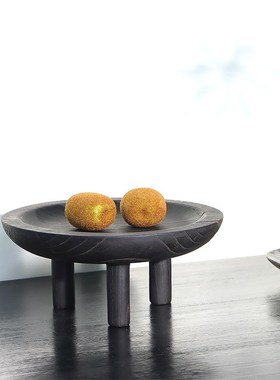 新中式三脚圆形托盘软装饰品水果盘玄关电视柜长盘黑色收纳盘摆件