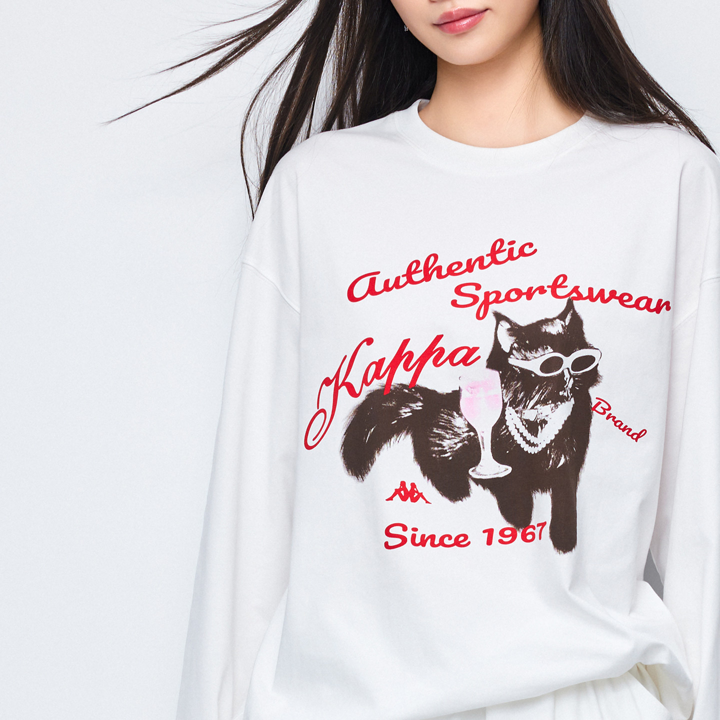 Kappa卡帕 秋冬新款猫咪印花卫衣女生款白色圆领长袖百搭休闲上衣,淘宝优惠券,粉丝福利购,淘宝优惠卷