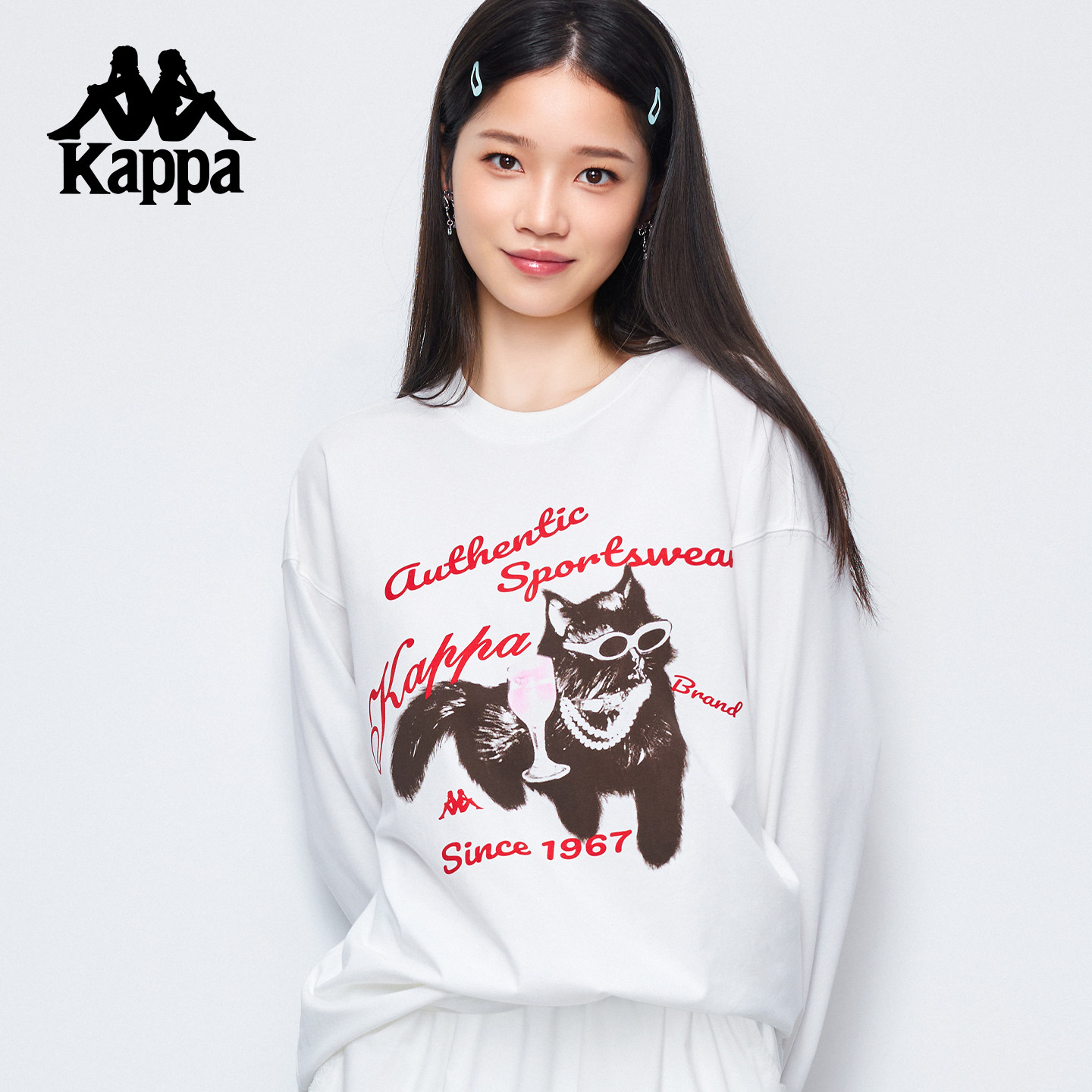 Kappa卡帕 秋冬新款猫咪印花卫衣女生款白色圆领长袖百搭休闲上衣,淘宝优惠券,粉丝福利购,淘宝优惠卷