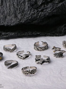 CAIMOU做旧款男戒指开口可调节嘻E哈小众设计十字架冷淡风指环食