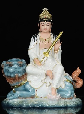 新款文殊菩萨普贤普萨佛像华严三圣居家中式客厅仿陶瓷工艺品摆件