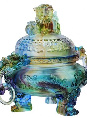 全彩琉璃香炉狮子鼎摆件熏香炉书房香炉实用 家居吉祥装饰摆件
