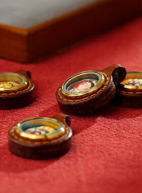 母嘎乌盒壳观音唐卡度壳法擦牛皮小配饰皮绿绘眼手工包财神擦彩