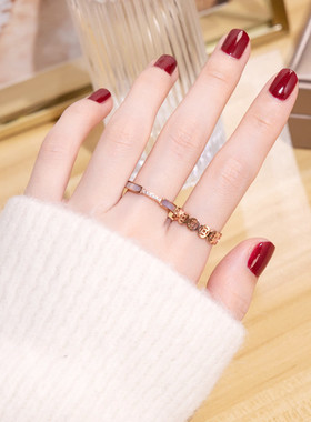 韩版百搭18K玫瑰金p镂空铜钱币招财转运钛钢戒指女个性不掉色指环