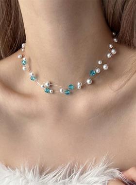 满天星蓝水晶珍珠多层鱼线 线choker项炼女小众精致气质时尚锁骨