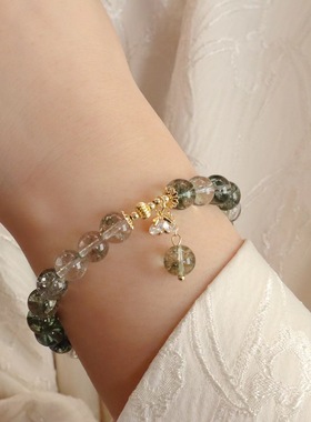 ins小众设计绿幽灵水晶手链女雪花吊坠手串珍珠绿幽灵福牌手环