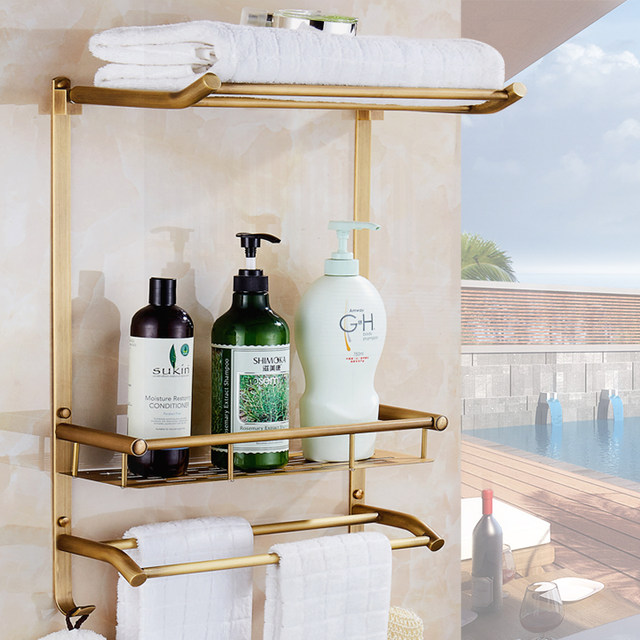All copper antique European double-layer bathroom storage rack Bathroom A room towel rack Cosmetic storage rack Wall-mounted without punching