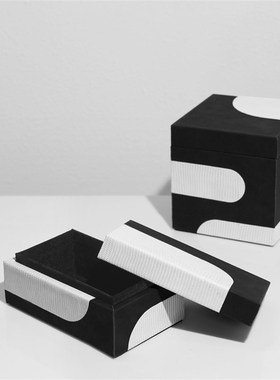 极简黑白高端皮质木质蛇纹拼色几何收I纳盒样板房卧室梳妆台摆件