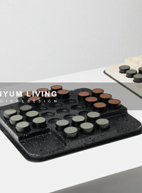 侘寂风现代样板间民宿酒店桌面摆饰书房I洞石棋盘艺术装饰托盘摆