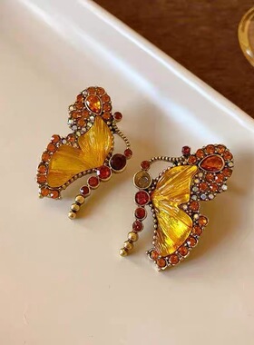 镶钻蝴蝶玻璃珠耳钉中古跨境小众复古轻奢高级感饰品
