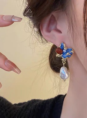 925银针莫奈花园油画风爱心花朵珍珠耳环女时尚气质耳钉法式甜美