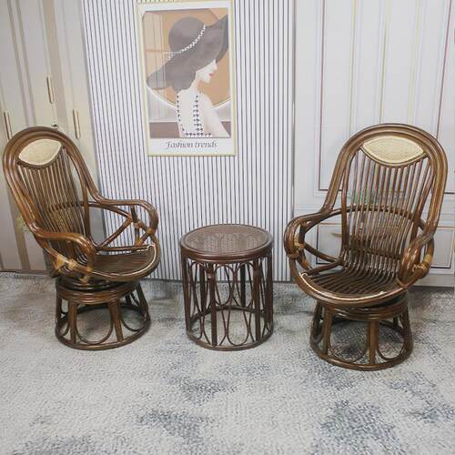 家用滕椅靠背椅天然真藤藤编旋转椅子阳台茶桌椅藤椅三件套电脑椅-图3