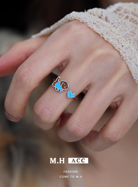 鱼头星星时尚蓝色小狗甜美爱心戒指女生可爱开口精致卡通饰品正品