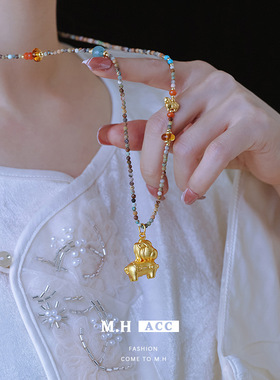 鱼头星星轻奢精致马上有钱时尚感小马吊坠天然虎眼石女生饰品项链