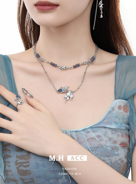 鱼头星星双层叠戴渐变蓝金鱼项链女生时尚设计感饰品ins风锁骨链