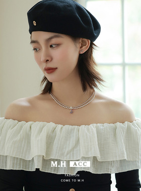 鱼头星星简约双层叠戴紫色蝴蝶女生锆石珍珠项链锁骨礼物饰品正品