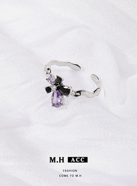 鱼头星星锆石指环ins风紫色花瓣戒指清新指戒女生镶嵌饰品礼物潮