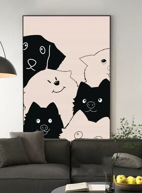 现代简约黑白抽象猫咪装饰画可爱卡通简笔画氛围感卧室客厅摆挂画