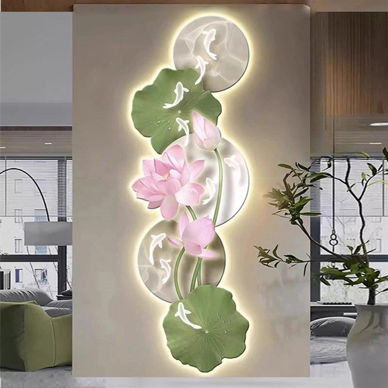 荷九鱼图新入户玄关LD装饰画客厅灯光画尽头走廊壁灯挂画,淘宝优惠券,粉丝福利购,淘宝优惠卷