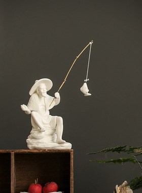 陶瓷姜太公钓鱼小家居博古架客厅园艺盆景鱼缸造景装饰品摆设