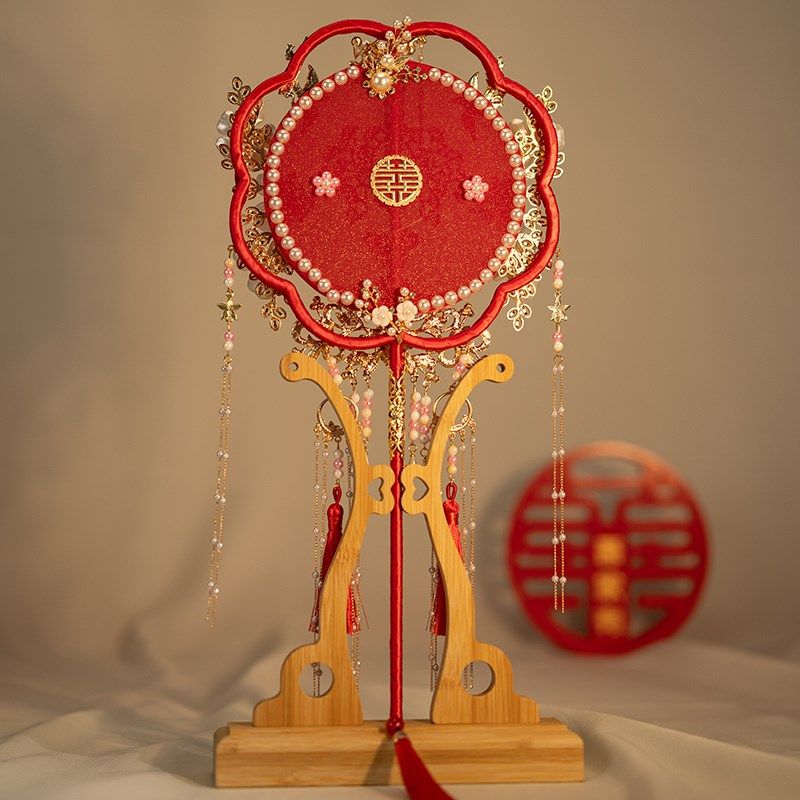 新娘团扇高级结婚di长柄手工中式婚礼秀禾喜扇古风成品面红色,淘宝优惠券,粉丝福利购,淘宝优惠卷