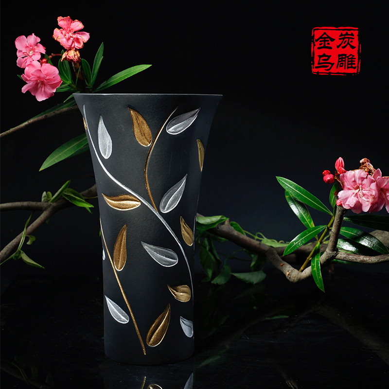 金乌炭雕 叶叶生辉 家居饰品客厅电视柜装饰品摆设玄关摆件插花瓶 - 图1