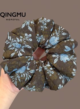 韩国高端蓝色碎花大肠发圈高级感超大号扎头绳丸子头发绳复古发饰