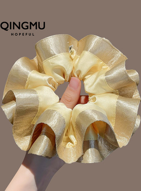 法式金黄色缎面大肠发圈双层贵气扎马尾发绳丸子头花发饰头圈皮筋