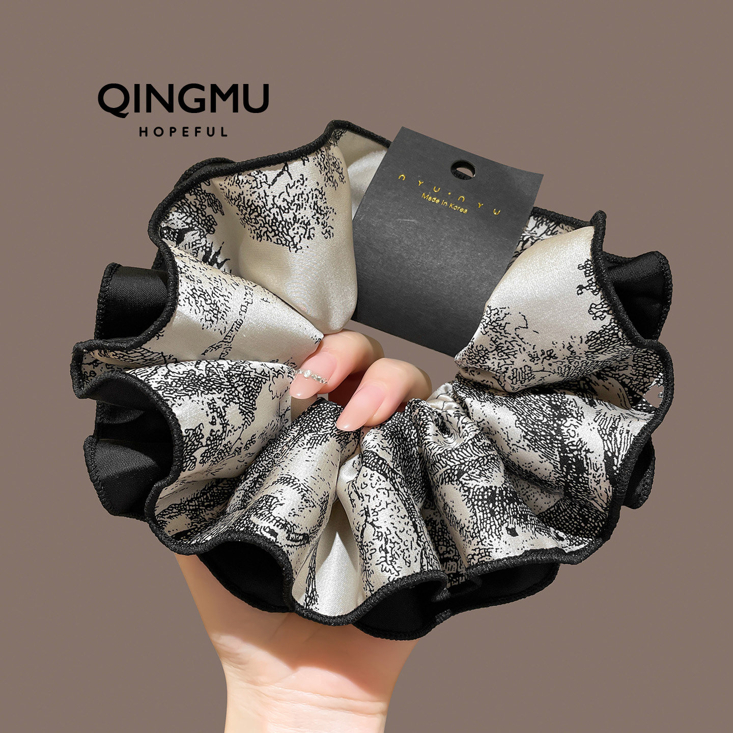 新中式水墨画缎面双层大肠发圈复古氛围感扎马尾发饰丸子头绳头饰,淘宝优惠券,粉丝福利购,淘宝优惠卷