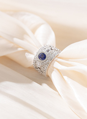 S925通体银镀金培育蓝宝石设计复古戒指主石5*6mm钻石时尚高级感