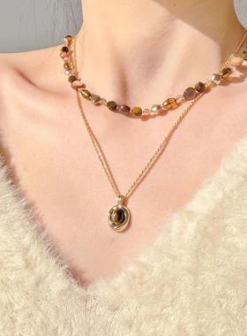 美拉德复古水滴虎眼石叠戴项链女2025新款秋冬气质毛衣链轻奢小众