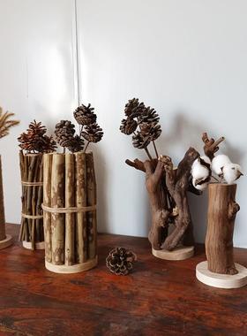 手工树枝花篮摆件 纯手工自然风花艺装饰 民宿饭店橱窗软装摆件