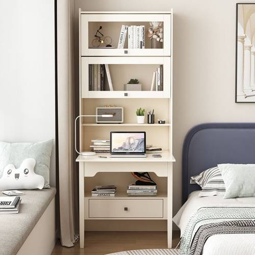 书桌书架一体摺叠连身书桌柜组合家用学生电脑桌卧室奶油白色书柜 - 图0