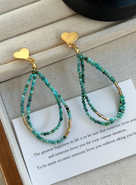 青岛出口天然绿松石串珠项链爱心耳钉小众设计复古锁骨毛衣链气质