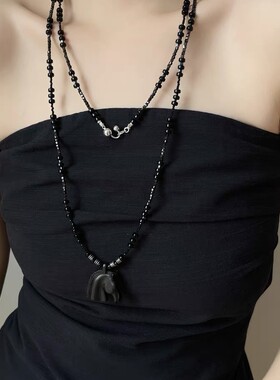 青岛高品质新中式国风复古黑珠长款马项链叠戴个性多层毛衣链