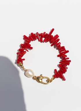 青岛原创不规则红色山瑚项链手链耳环套装淡水珍珠锁骨链度假项链
