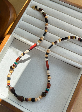青岛出口民族风天然木珠复古串珠项链高级感锁骨链波西米亚风项链