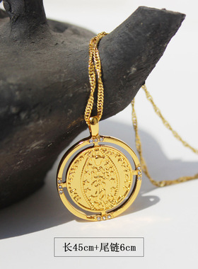 青岛出口欧美小众复古双面浮雕圆牌吊坠项链微镶锆石细链叠戴